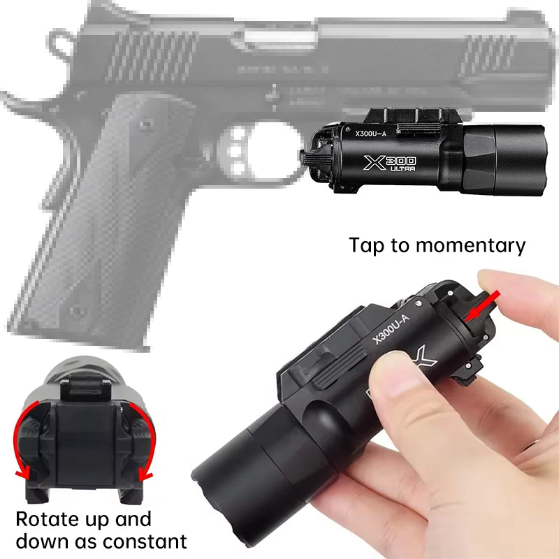 Tactica Flashlight X300-B/X300U-B/XU35: metal pistol gun strobe LED lights for 20mm rails, ideal for airsoft and hunting.