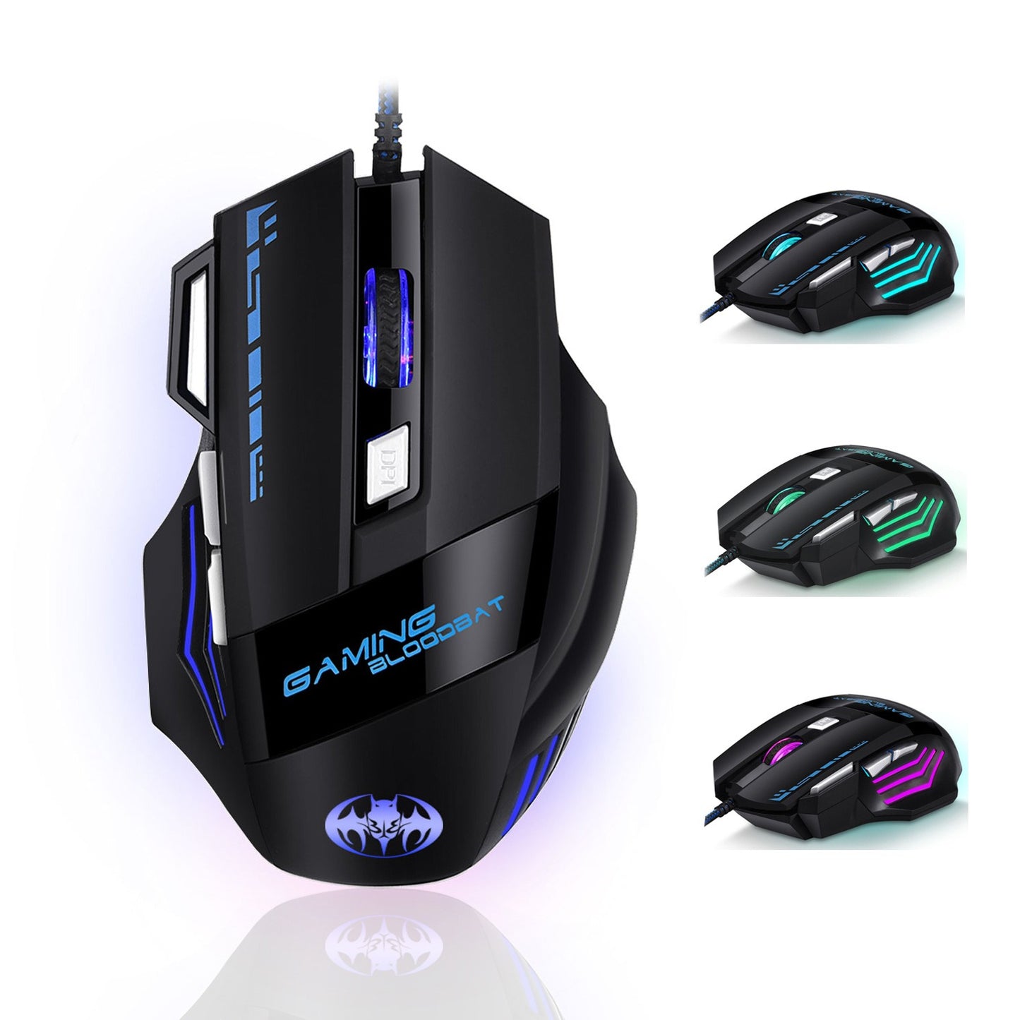 USB wired optical gaming mouse with 8 buttons illuminated breathing light firepower button