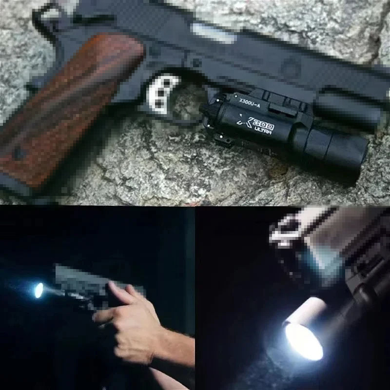 Tactica Flashlight X300-B/X300U-B/XU35: metal pistol gun strobe LED lights for 20mm rails, ideal for airsoft and hunting.