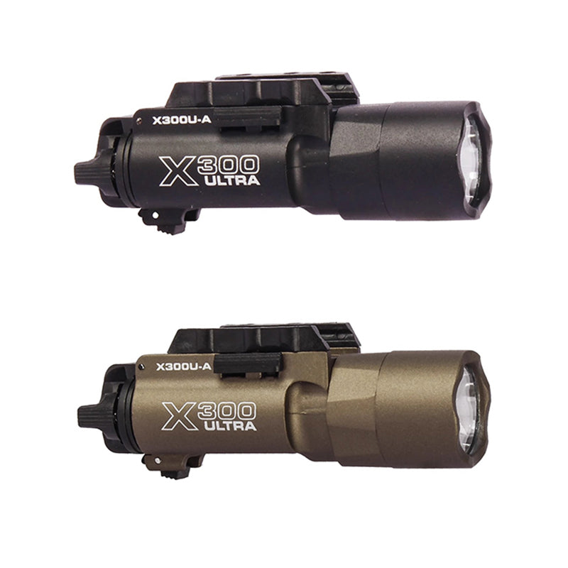 Tactica Flashlight X300-B/X300U-B/XU35: metal pistol gun strobe LED lights for 20mm rails, ideal for airsoft and hunting.