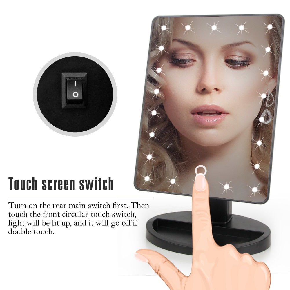 22 LED Lights Touch Screen Makeup Mirror 1X 10X Table Desktop Countertop Bright Adjustable USB Cable Or Batteries Use 16 Lights