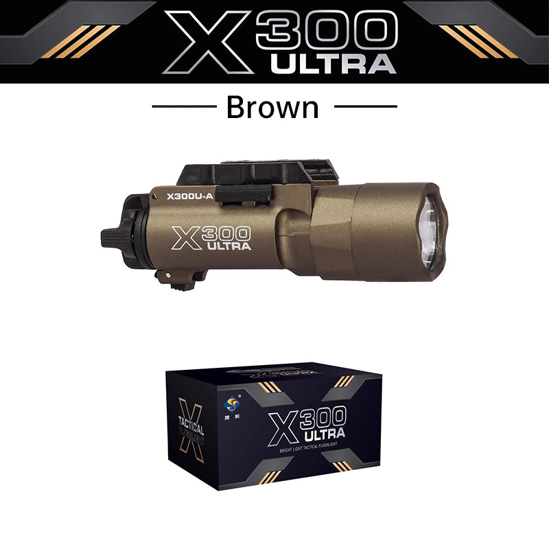 Tactica Flashlight X300-B/X300U-B/XU35: metal pistol gun strobe LED lights for 20mm rails, ideal for airsoft and hunting.