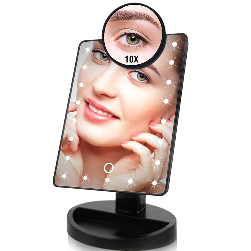 22 LED Lights Touch Screen Makeup Mirror 1X 10X Table Desktop Countertop Bright Adjustable USB Cable Or Batteries Use 16 Lights