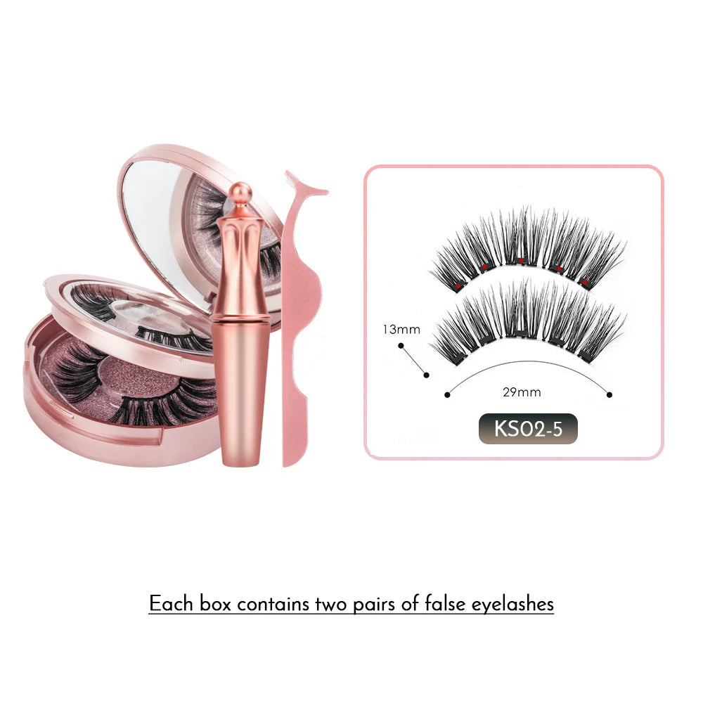 Double Layer Magnetic False Eyelashes & Magnetic Eyeliner 5 Magnets Natural Soft Fake Eyelashes Extension 2 Pairs with Tweezers