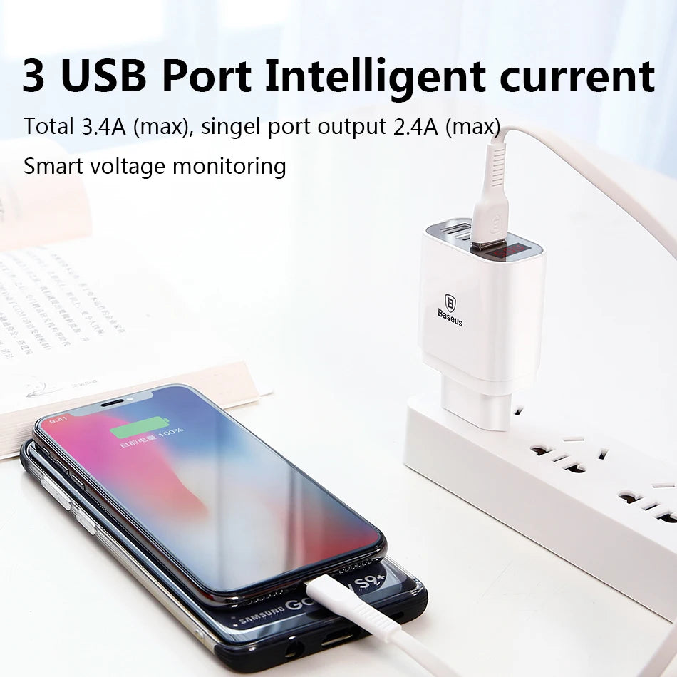 LED Display 3 USB Charger, Baseus Mobile Phone USB Charger Fast Charging Wall Charger For iPhone Samsung Xiaomi 3.4A Max Charger